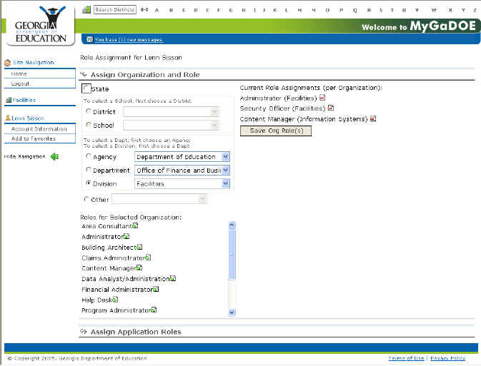 The Assign Organization and Roles page