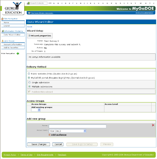 The Setup page showing the Access Groups and New Groups sections