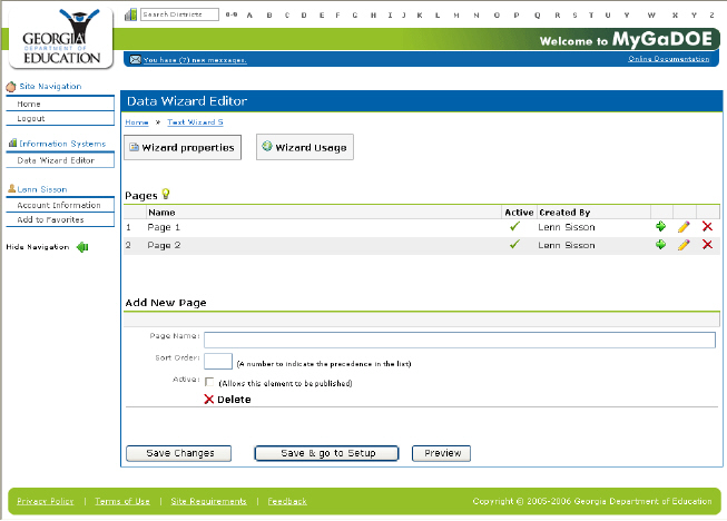The Data Wizard Pages screen