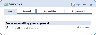 The Surveys portlet showing a new survey needing approval