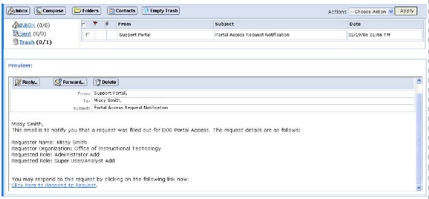 Sample automated Portal message requesting access