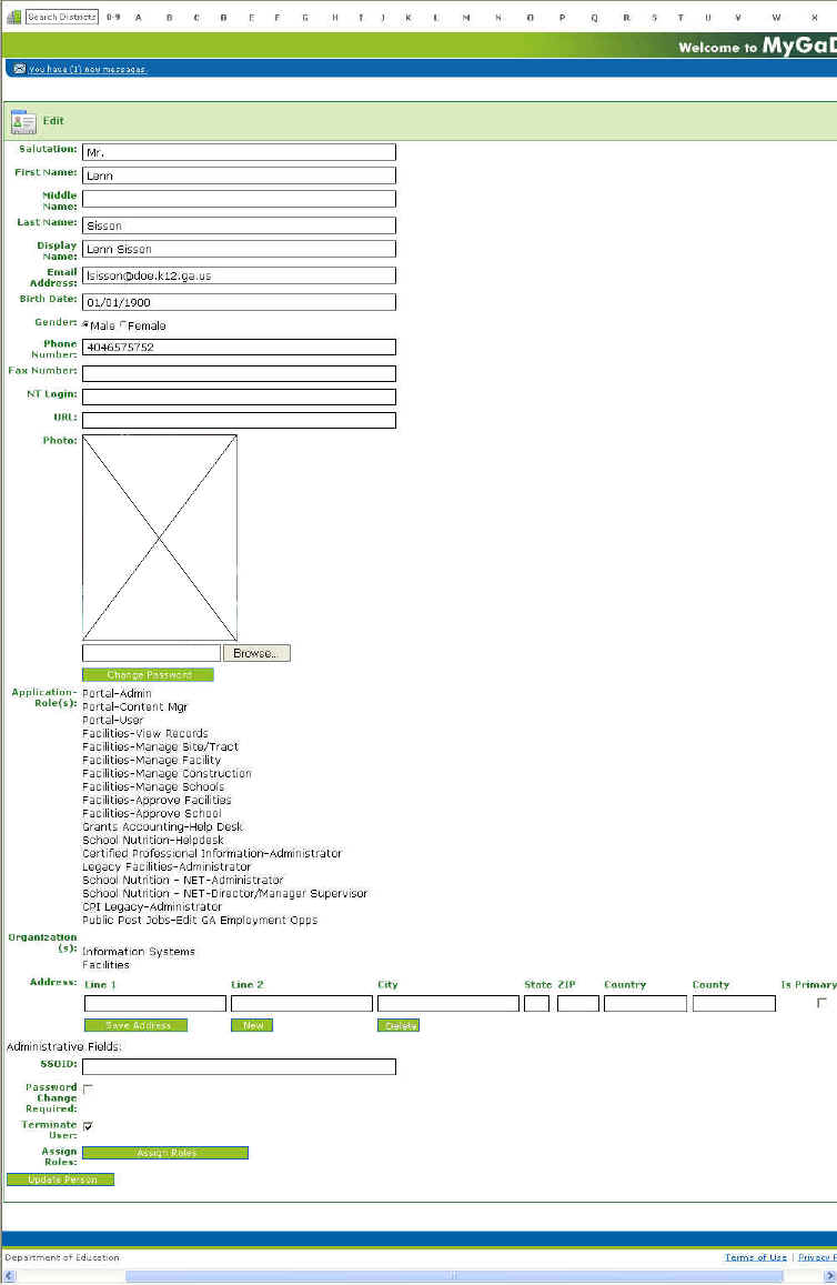 The Edit user page showing a user marked terminated
