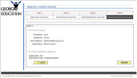 The Apply for a GaDOE Account Step 4 page